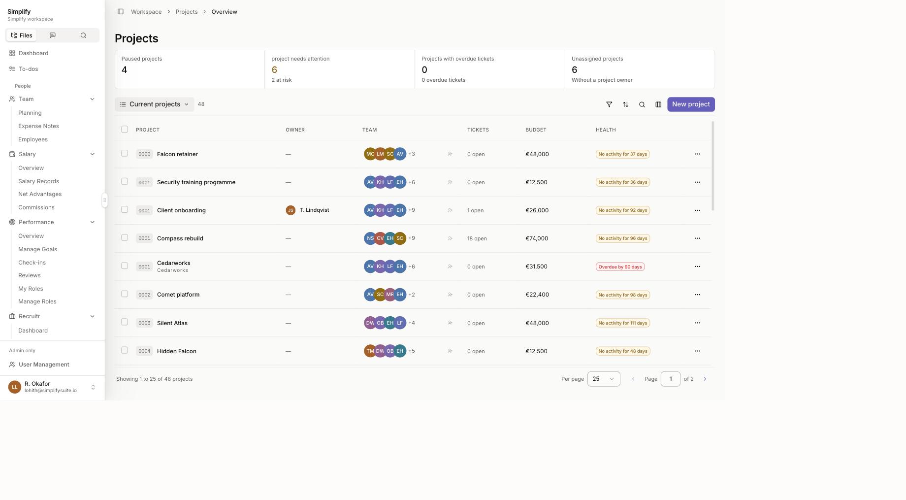 Simplify projects list showing budget and health status on each project row