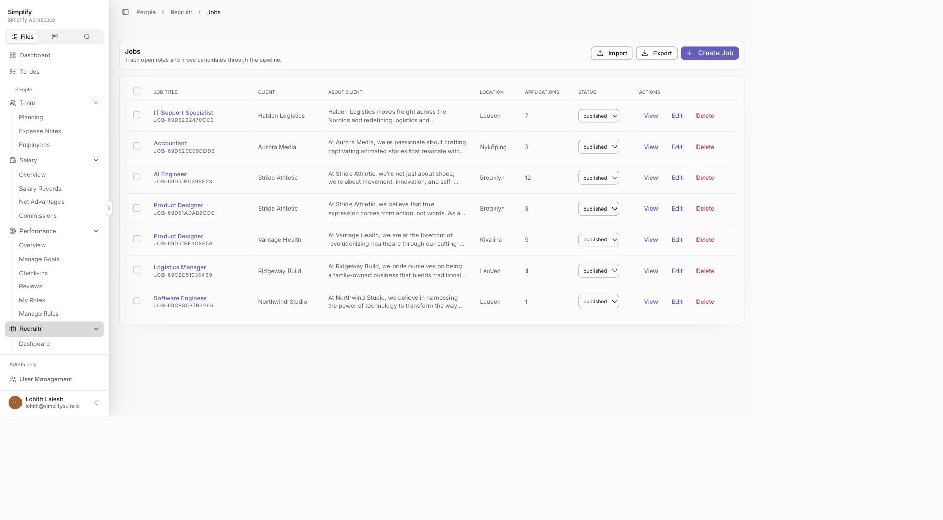 Simplify recruitment jobs list showing open roles, clients and application counts